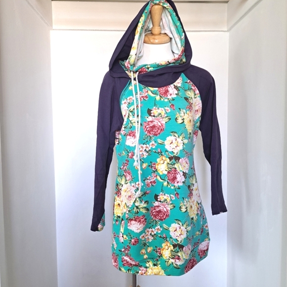 Vanilla Bay Floral Mini Dress with Hood - Teal and Purple - Picture 1 of 13
